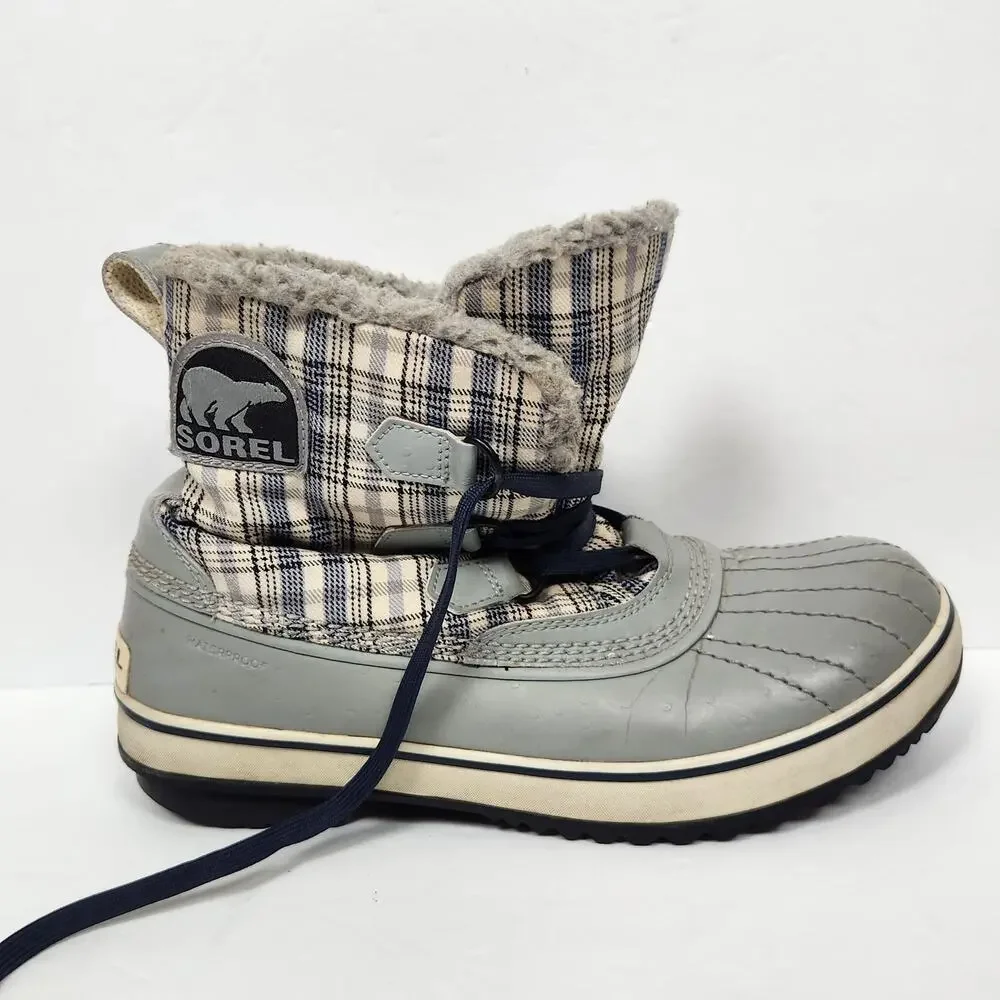 Sorel Gray Plaid Snow Boots Womens Size 10 Waterproof Insulated Faux Fur